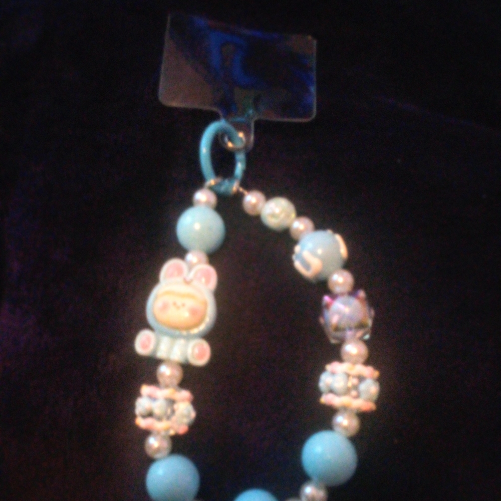 Cute Cartoon Mobile Phone Wrist, Light Blue Beaded  Key Chain, Pendant Bags